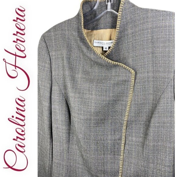 CAROLINA HERRERA Elegant Wool Micro Plaid Collarless Gray Blazer, Size 10 - Picture 6 of 12